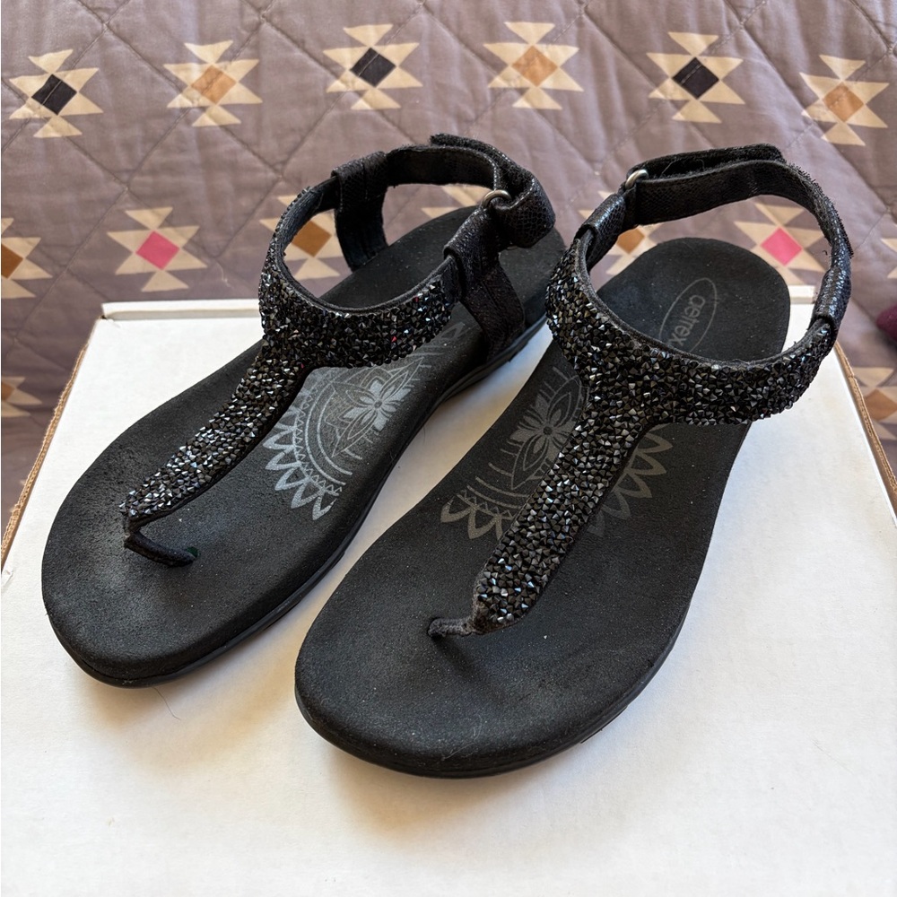Aetrex Black Jeweled T-Strap Sandals